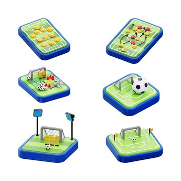 Set of colorful 3D soccer strategy and training icons featuring tactical boards, goals, balls, drills, and formations isolated on white background for sports apps or coaching design.