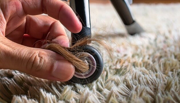 removing hair from chair caster wheel close up of a hand pulling tangled hair from a chair caster wheel on carpet showing cleaning and maintenance