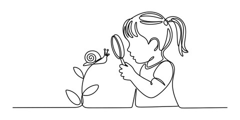 Little girl looking at a small snail on a plant leaf using a magnifying glass in a continuous line art drawing style for children and education Vector, illustration © Normal Line Drawing