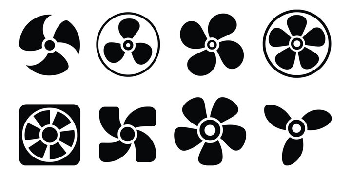 Black and white fan icon collection showing cooling and airflow symbols for ventilation systems, appliances, and modern design use.