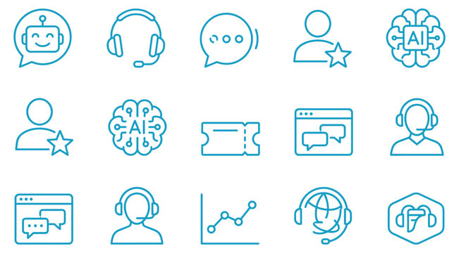Group of 15 icons representing digital services customer support with artificial intelligence