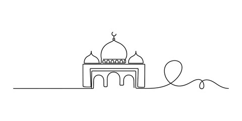 Continuous single line drawing of a beautiful mosque building with domes and crescent moon symbol for islamic religious holiday and celebration concept Vector, illustration © Normal Line Drawing
