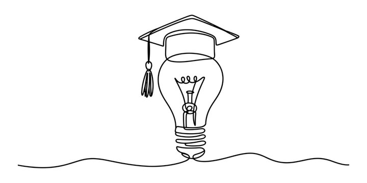 Continuous single line drawing of a light bulb wearing a graduation cap representing smart education and innovative learning concept for students Vector, illustration