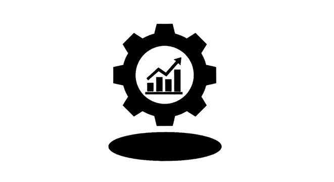 Minimal black silhouette icon, simple flat vector, bold black shape, no, no shading gear icon with a rising bar chart inside, business growth and optimization on a, flat icon style