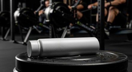 Naklejka premium A Shiny, Silver Water Bottle Overlooks a Heavy Weight Plate in a Modern Gym, with Athletes Rowing in the Background, Highlighting an Active Lifestyle