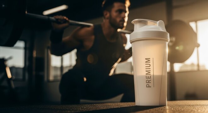 A Focused Athlete Engages in Weightlifting with a Premium Protein Shaker in the Foreground, Highlighting Fitness and Strength Training in a Gym Environment