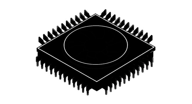 Minimal black silhouette icon, simple flat vector, bold black shape, no, no shading isometric icon of a computer processor with a cooling fan and heat sink on a, flat icon style