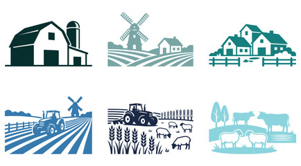 Agricultural farming landscape icons with barns windmills tractors livestock crop fields, rural life