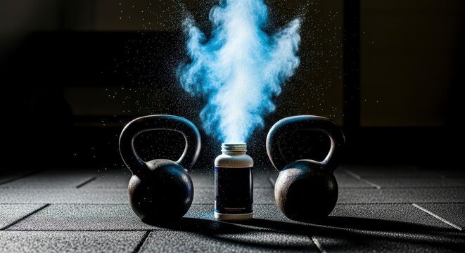 Dynamic Fitness Arrangement Featuring Two Kettlebells and a Protein Supplement Surrounded by an Energetic Powder Cloud in a Gym Environment
