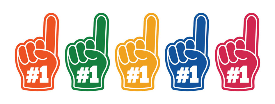 Foam fingers with number one displayed icons showing cheering hand gestures for sports events, fan culture, and celebration design use.
