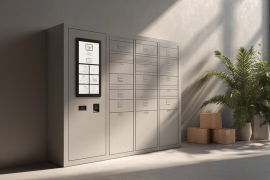 Modern smart parcel locker system with touchscreen and packages