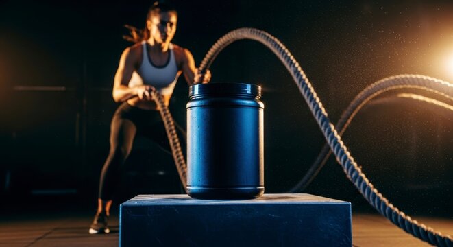 Focused Workout: A Fitness Enthusiast Training with Battle Ropes, Highlighting Nutrition and Energy Supplementation in an Intense Gym Environment