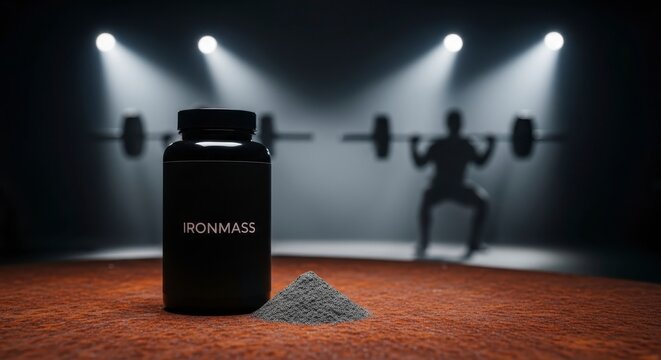 A Dynamic Scene Featuring a Black Supplement Container and Powder in Front of a Squatter Under Dramatic Lighting and Barbell Setup