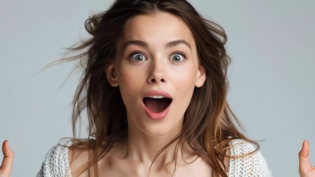 This captures the concept of surprise and amazement, a young Caucasian woman with wide eyes and an open mouth, hands pressed against her cheeks. Her expression conveys genuine shock and excitement, ma