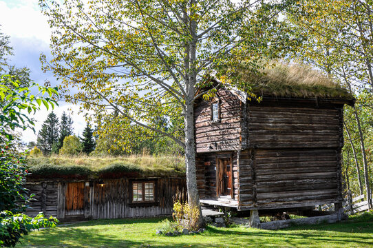 Traditional Norwegian Farmstead with Grass Roof Buildings