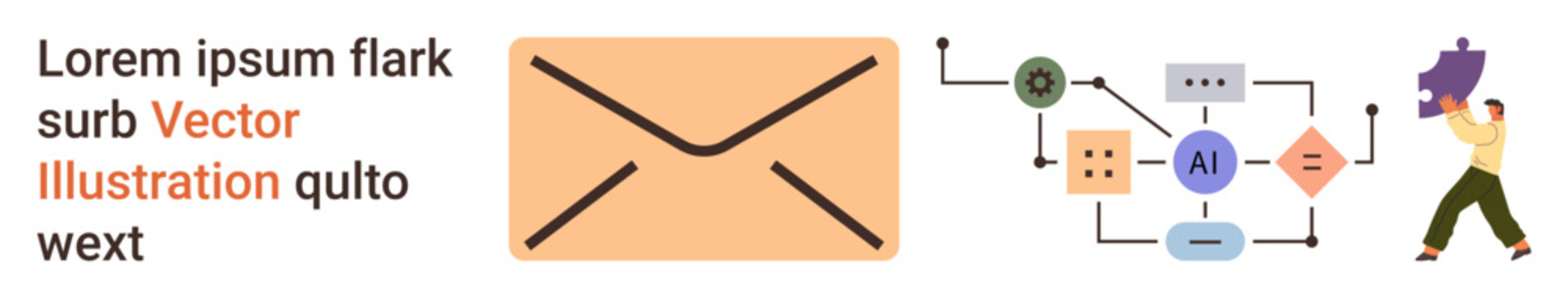 Email systems, AI automation, digital communication, productivity, technology integration, workflow design. Large envelope icon, AI process flowchart person interacting with a gear. Email systems