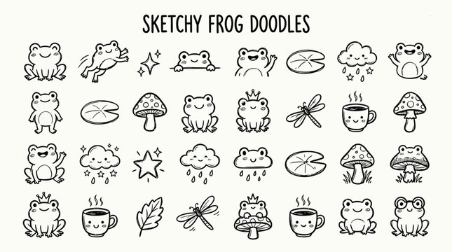 Frog doodles cartoon line art.