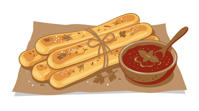 Garlic breadsticks with marinara sauce.