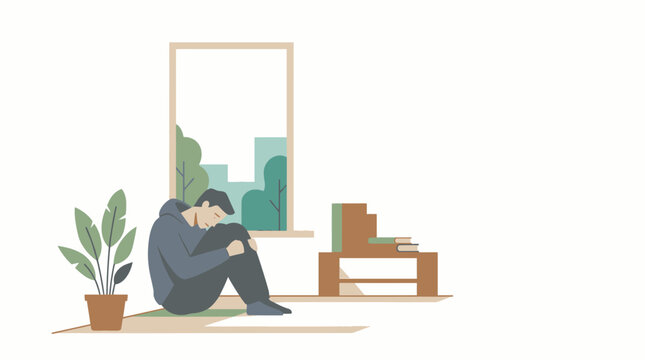 Sad man sitting on floor alone.