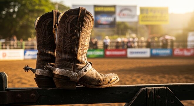 Cowboy boots with metal spurs resting on a wooden fence at a rodeo arena. Classic western footwear equipment for horse riding competition. Traditional American ranch lifestyle concept.