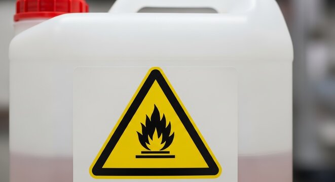 White plastic jerrycan with flammable liquid warning label. Hazardous chemical container featuring yellow triangle with fire symbol. Industrial safety and dangerous material storage.