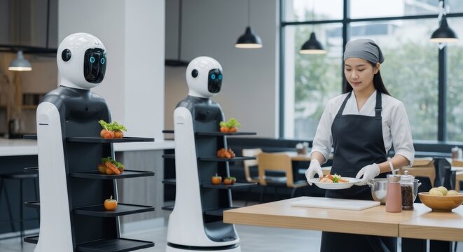 Woman chef placing food on serving robot in restaurant. Automated delivery machine assisting kitchen staff with meal service. Innovative technology, future of catering and hospitality.