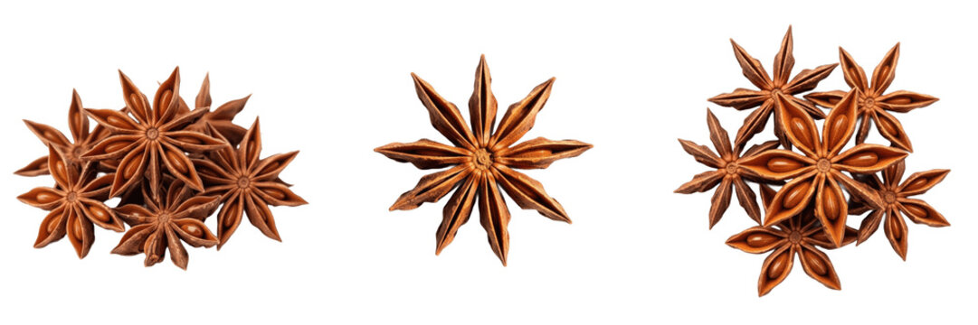 Star Anise Spices Group and Single Pod Isolated on White Background, Dried Aromatic Ingredient for Cooking, Baking, and Holiday Decorations, High-Quality Food Photo