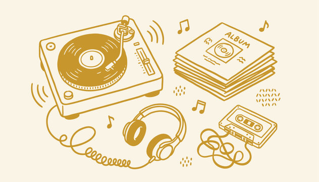 Retro music equipment collection featuring vinyl turntable cassette and headphones art