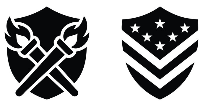 shield shaped icons with crossed wrenches and stars black silhouette on white background