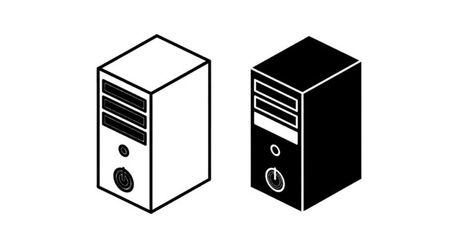 Minimal black silhouette icon, simple flat vector, bold black shape, no, no shading isometric computer tower case icons, outline and solid black silhouettes on a, flat icon style