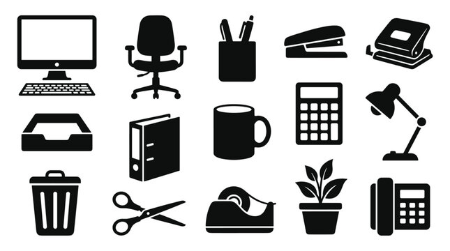 Collection of black icons for office supplies and equipment