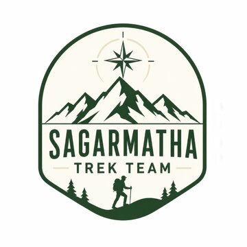 Mountain trekking team emblem with compass and mountain range design on circular badge