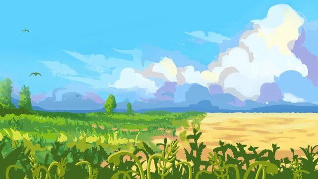 summer landscape with green grass and sky looped 