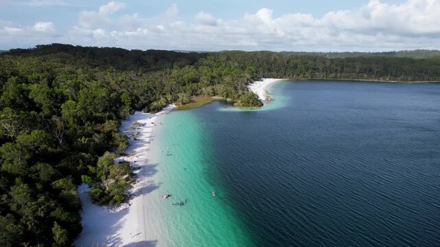 Aerial view of Lake Mckenzie Boorangoora featuring crystal clear turquoise water, white silica sand beach, and lush green forest with people swimming K'gari, Queensland, Australia.