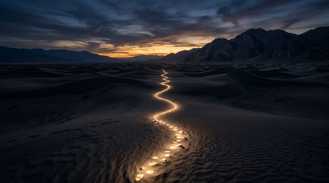 Glowing winding golden light path through desert sand dunes at sunset for guidance hope and spiritual journey
