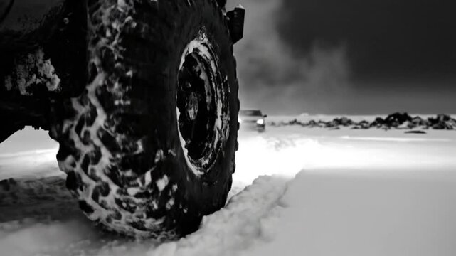 Black and white close up of a snow covered all-terrain vehicle tire in a winter landscape with other vehicle