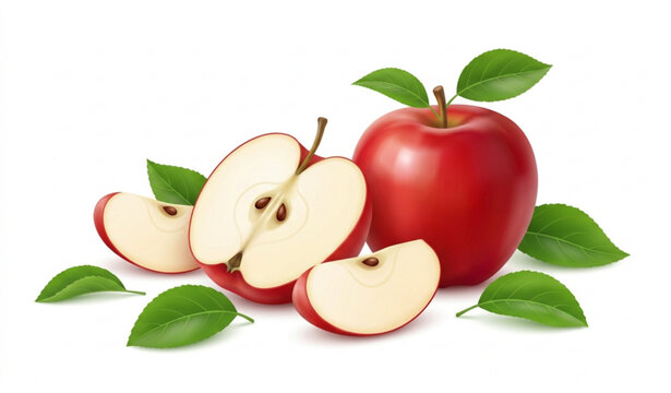 Red apple with slices and leaves realistic 3D vector isolated healthy fruit illustration