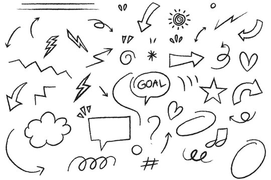 Hand Drawn Doodle Elements Set with Arrows, Speech Bubbles, Hearts and Abstract Scribbles Vector Collection