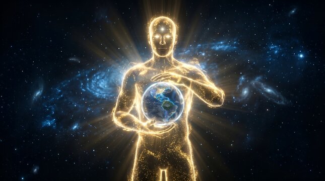 Ethereal golden figure holding earth planet in deep space for global protection and cosmic spirituality concept
