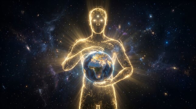Ethereal golden figure holding earth planet in deep space for global protection and cosmic spirituality concept
