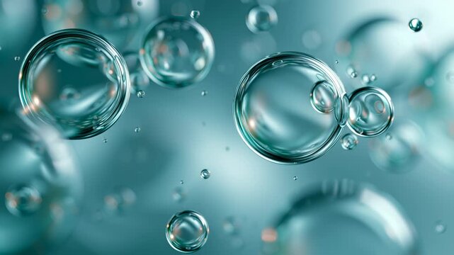 Hydration and purity concept. A macro shot captures numerous clear water bubbles gracefully floating within a vibrant blue liquid background. This visual is showcasing skincare products, refreshment, 