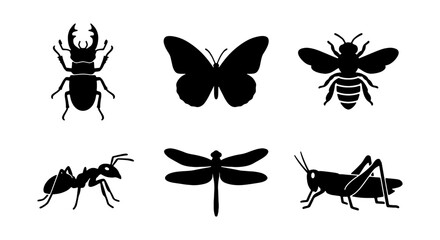 Set of insect silhouettes, including beetle, butterfly, bee, ant, dragonfly, and grasshopper © SUFIA