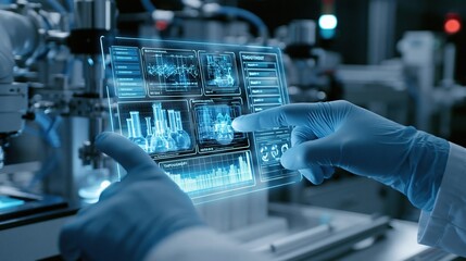 Fototapeta premium Gloved hands finetuning a holographic digital twin interface showing realtime throughput and bottleneck alerts bathed in futuristic blue glow at a hightech manufacturing station.