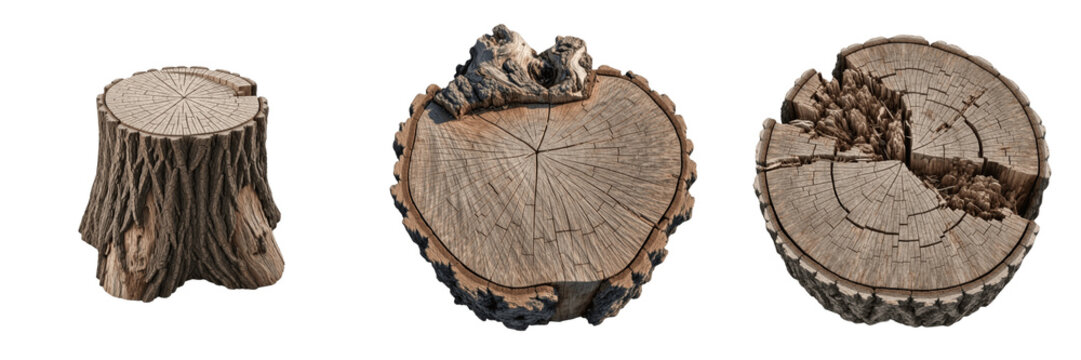 Realistic Wood Log Slices and Tree Stump PNG: Isolated wooden cross sections with natural growth rings, cracked bark texture, and rustic timber elements for 3D design.
