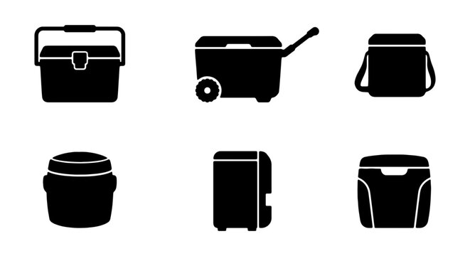 Set of cooler box icons, portable refrigerator for food and drinks, vector illustration
