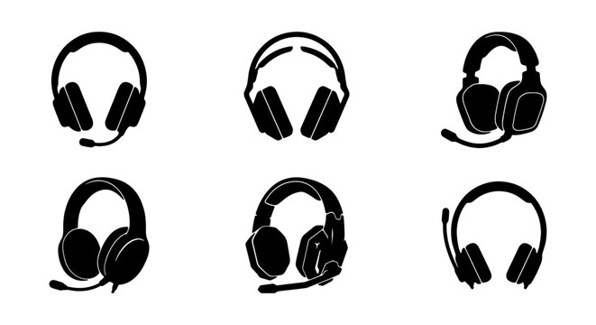 Set of gaming headsets with microphones, vector icons of headphones for communication and esports