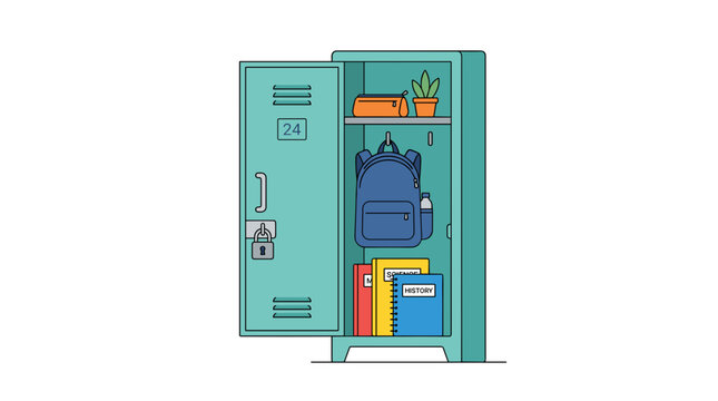 Open school locker with backpack books and plant inside clean flat design illustration