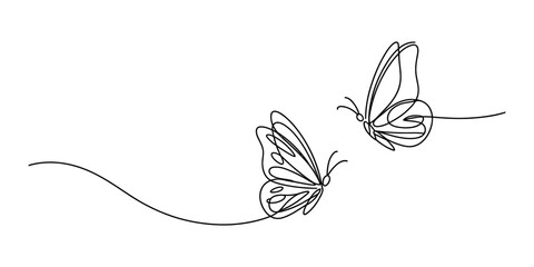 Two butterflies flying together in a continuous single line drawing style design for artistic tattoo or minimalist wall art decor and creative graphic Vector, illustration © Single Outline 
