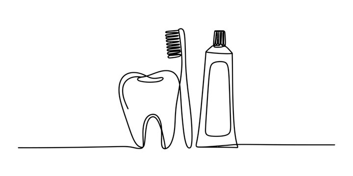 Continuous single line drawing of a tooth with a toothbrush and a tube of toothpaste for dental health and daily oral hygiene care concept Vector, illustration