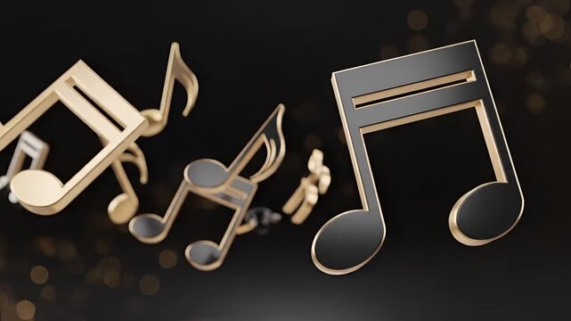 Elegant Golden Music Notes Floating on Dark Background.